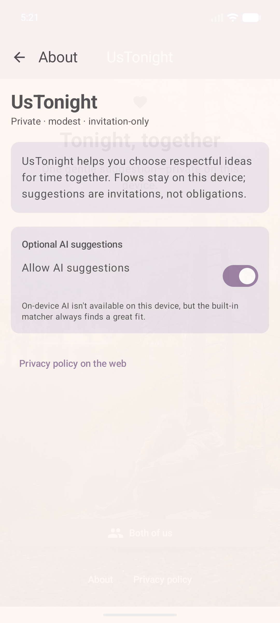 About page in the app