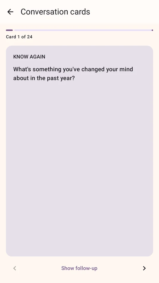 Conversation cards screen showing one question