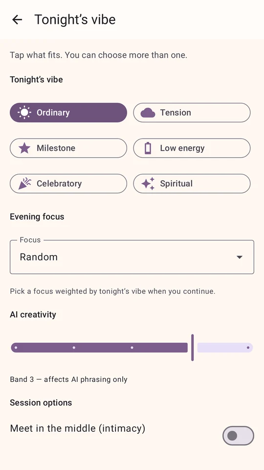 Tonight's vibe screen with context chips and evening focus