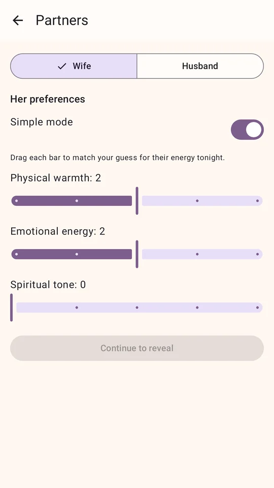 Partner preferences with sliders for warmth, energy and spiritual tone