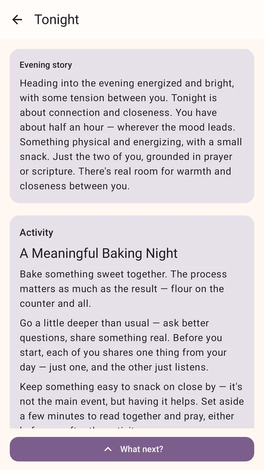 Suggestion screen with an evening story and one activity